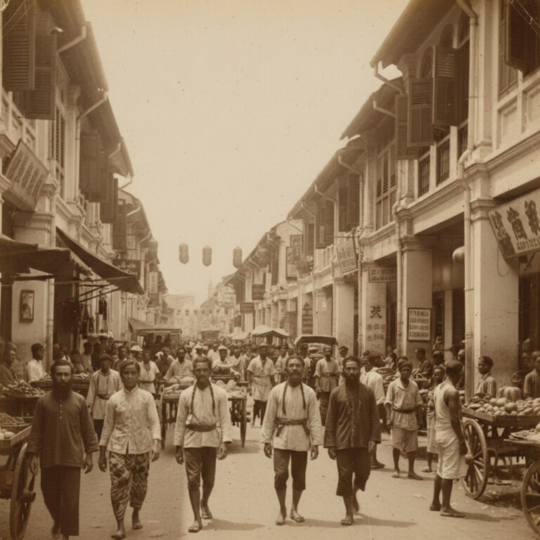 Crowded Armenian Street Heritage Enclave, Penang. People, carts, and buildings line the street.