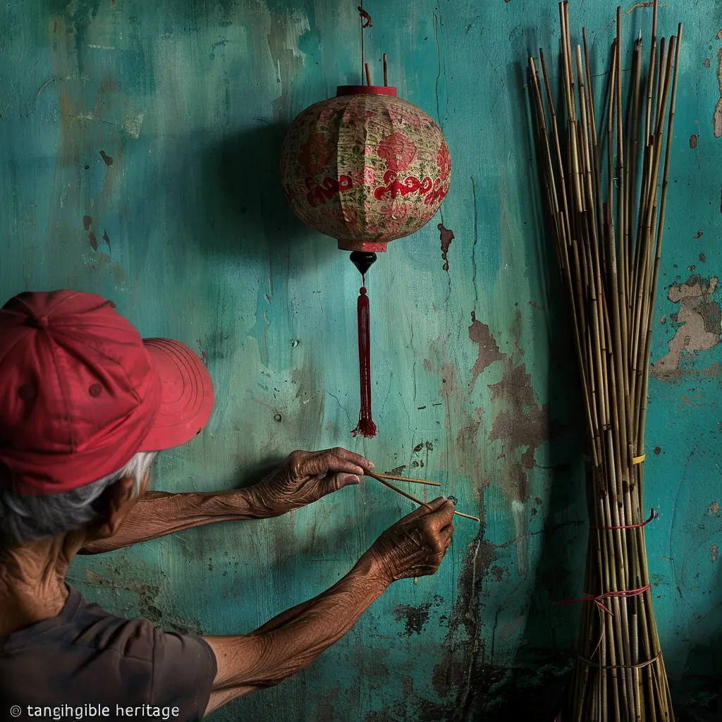 Elderly hands light incense near a red lantern on Armenian Street heritage wall.