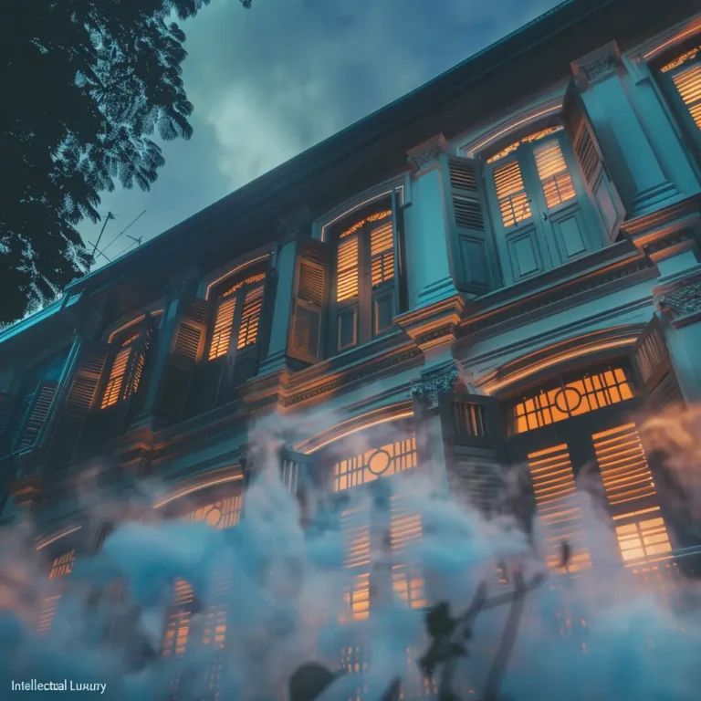 Armenian Street heritage buildings in Penang with glowing windows and smoke
