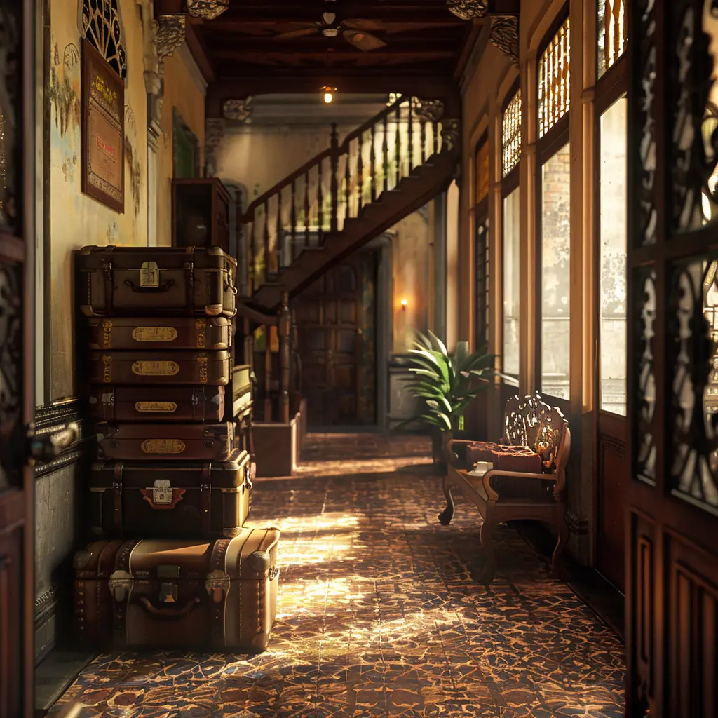 Vintage suitcases stacked in a sunlit hallway of Armenian Street Heritage Enclave, Penang.