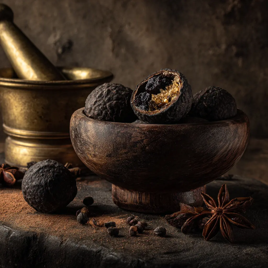 Baba Nyonya dried black spices in a wooden bowl with a mortar and pestle
