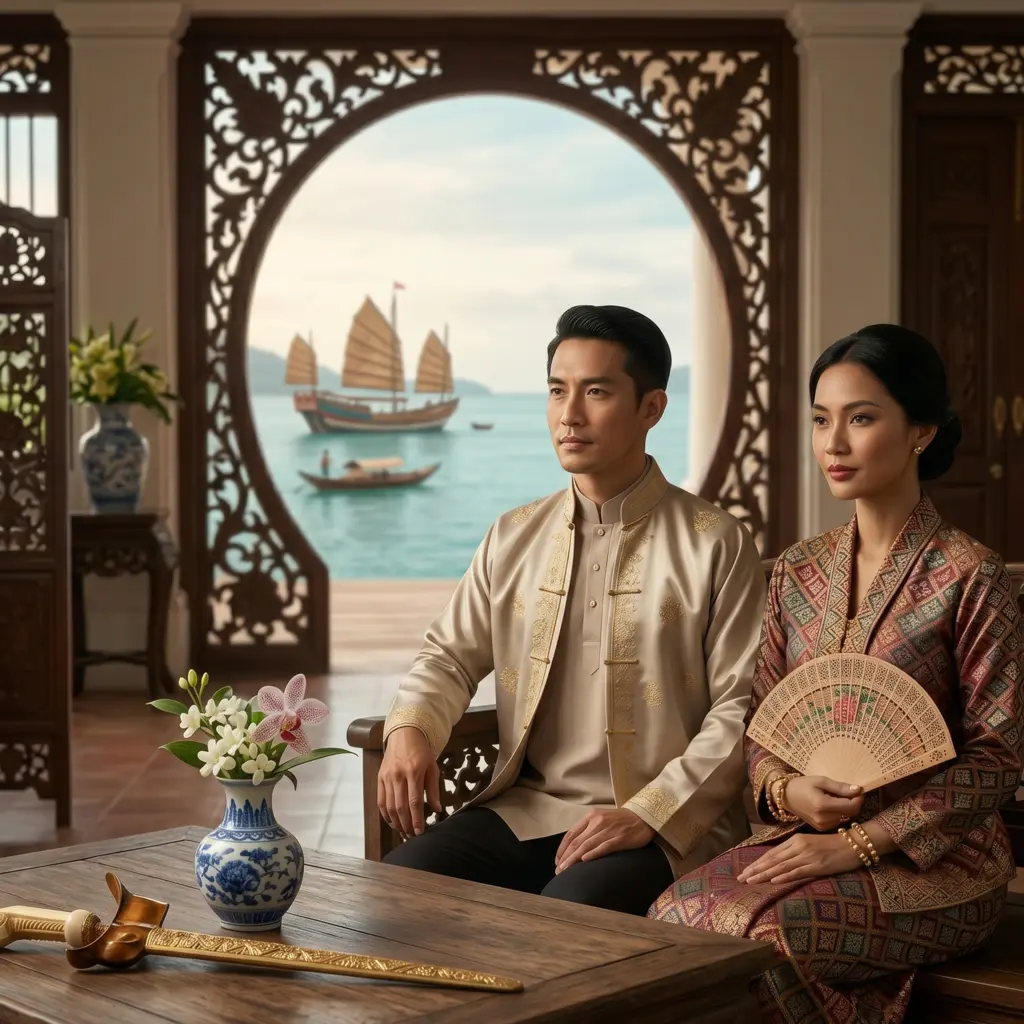 Baba Nyonya couple in traditional attire, overlooking a serene sea view.