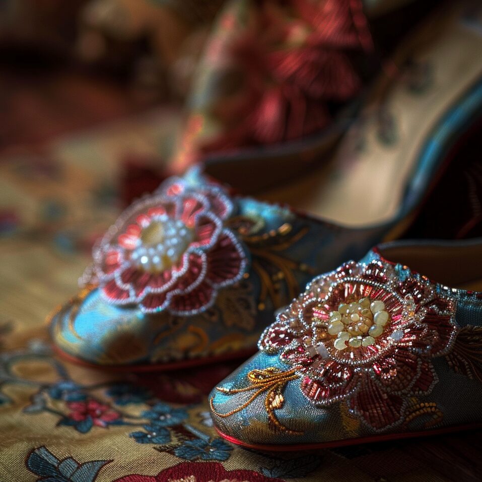 Close-up of ornate Baba Nyonya beaded shoes with floral embroidery.