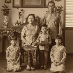 Baba Nyonya family portrait in traditional clothing. Three children and parents pose formally in sepia tone.