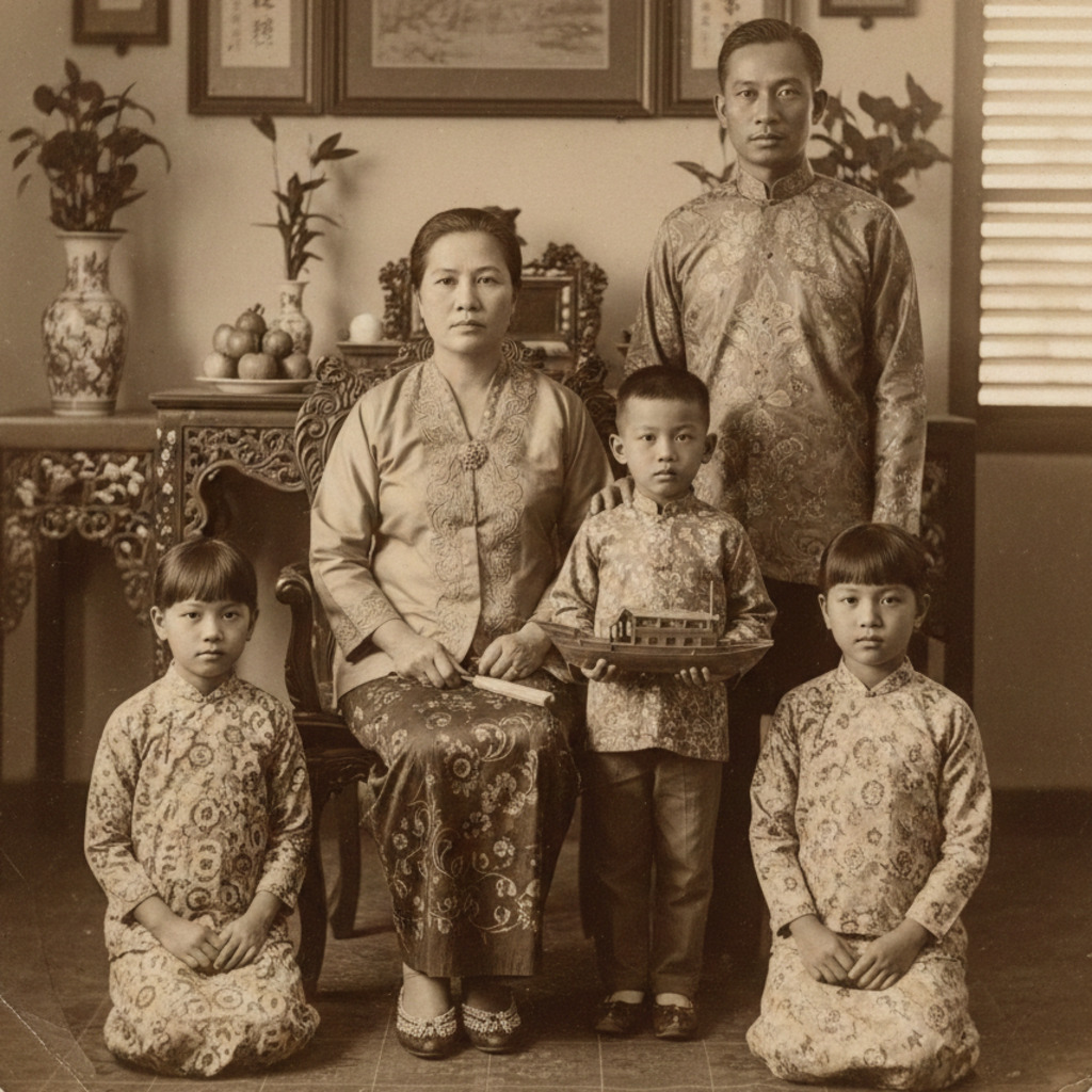 Baba Nyonya family portrait in traditional clothing. Three children and parents pose formally in sepia tone.