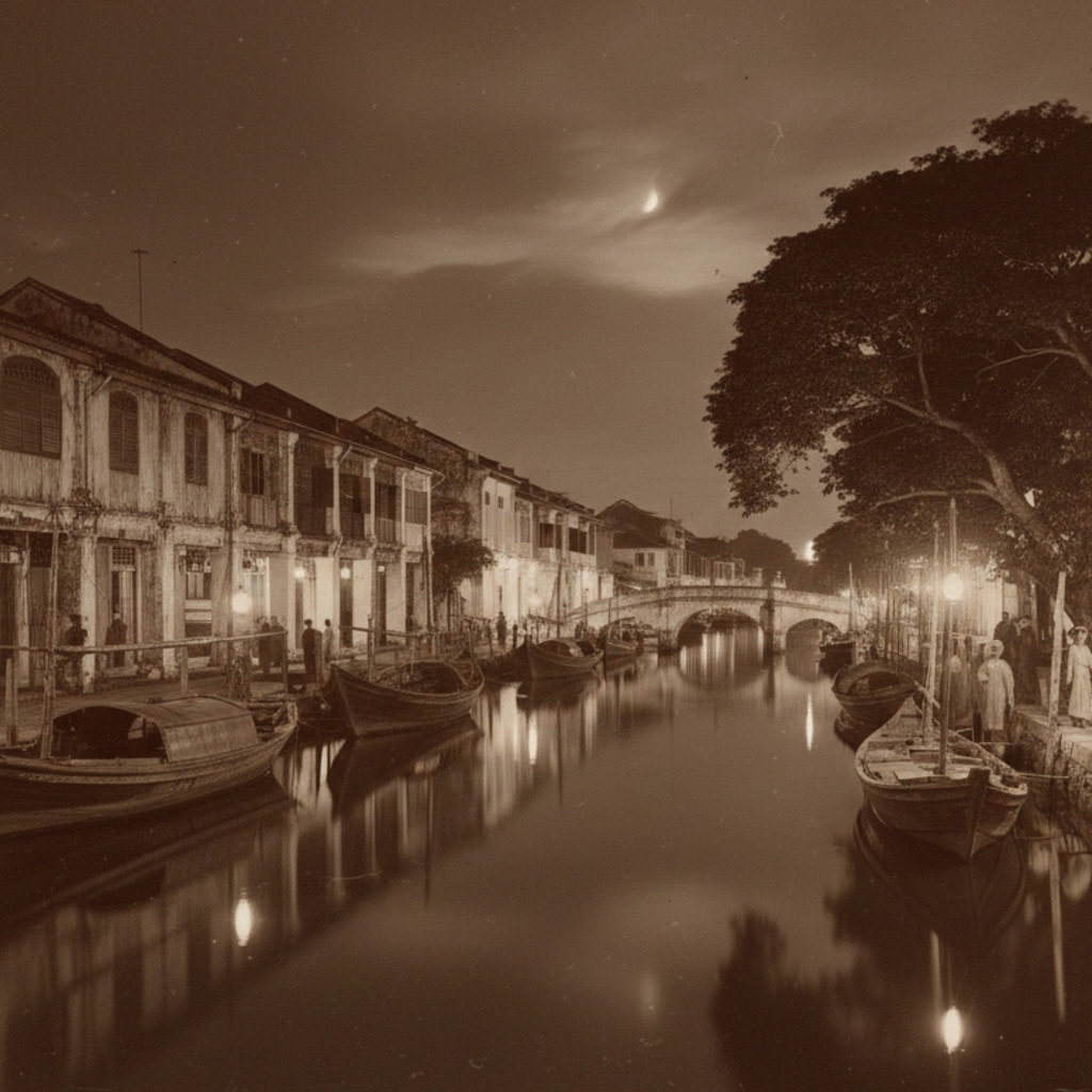 Melaka Night Time Canal Scene