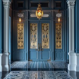 Intricate Baba Nyonya blue door with gold detailing and patterned floor.