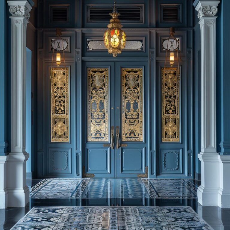 Intricate Baba Nyonya blue door with gold detailing and patterned floor.