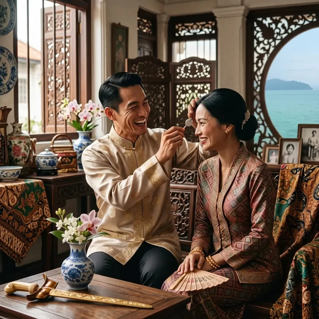 Baba Nyonya couple in traditional attire, overlooking a serene sea view.