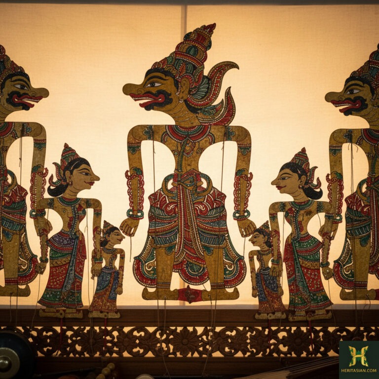 Wayang Kulit puppets, part of Malaysia heritage, displayed in front of a screen.