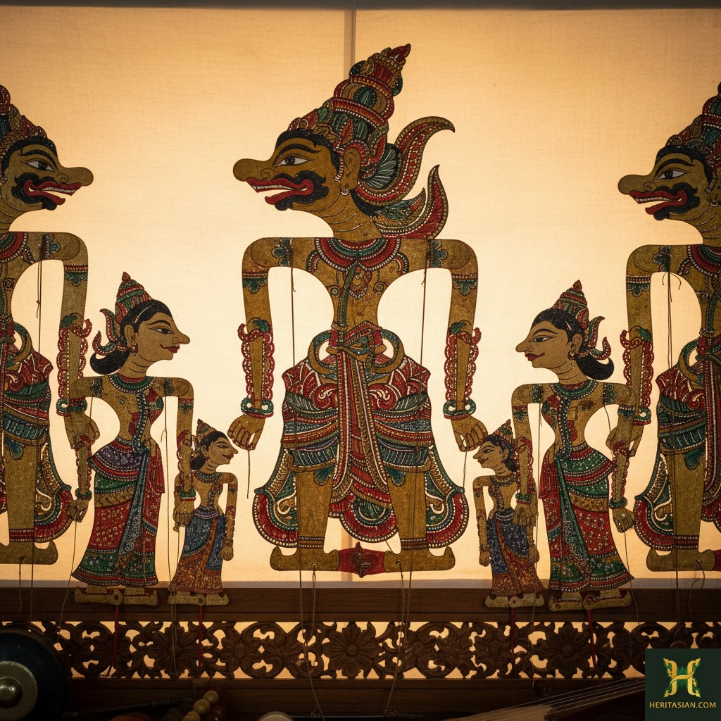 Wayang Kulit puppets, part of Malaysia heritage, displayed in front of a screen.
