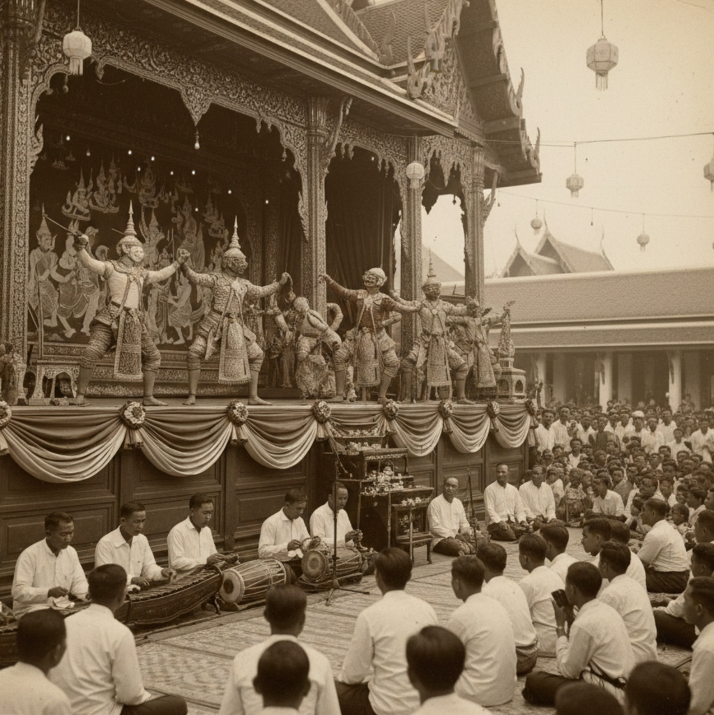 Thailand heritage: Traditional Thai dancers perform on stage with musicians in front of an audience.