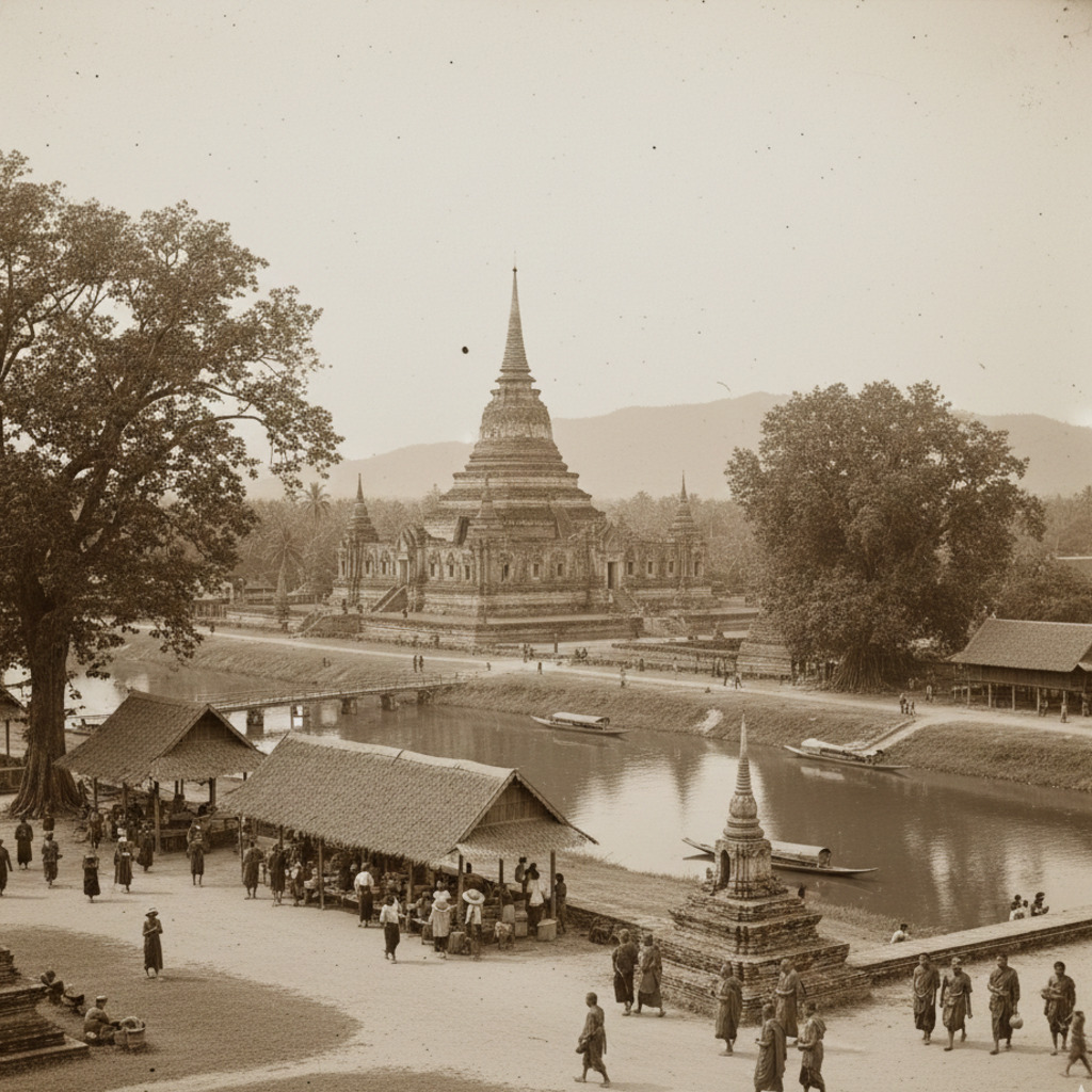 Golden temple reflecting in water at sunset. Possibly Kek Lok Si.