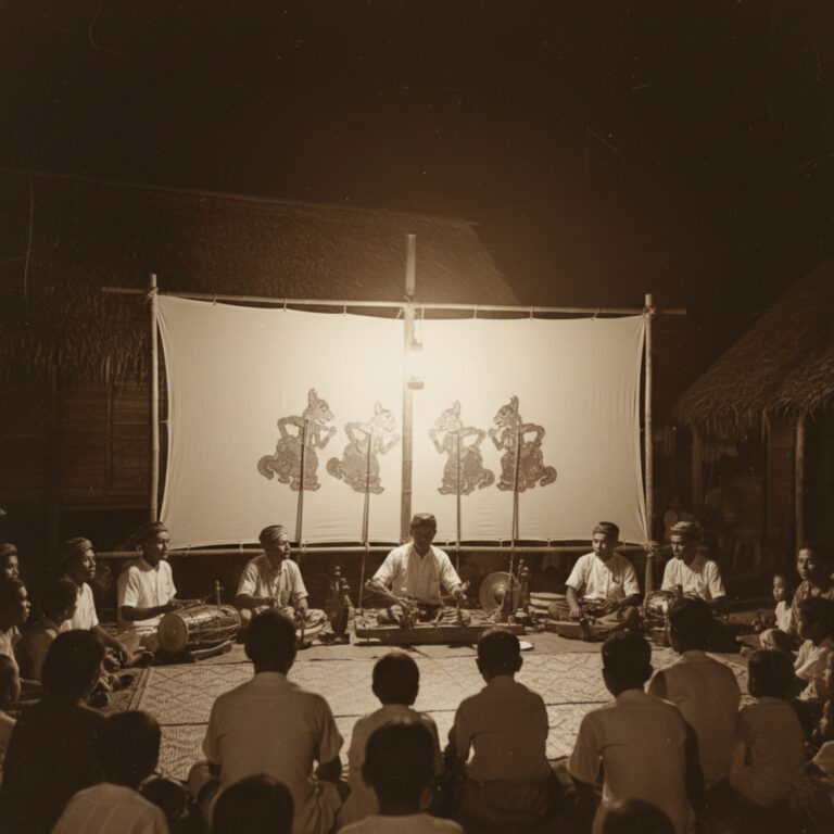 Malaysia heritage: Shadow puppet show performance with musicians and audience in a traditional setting.