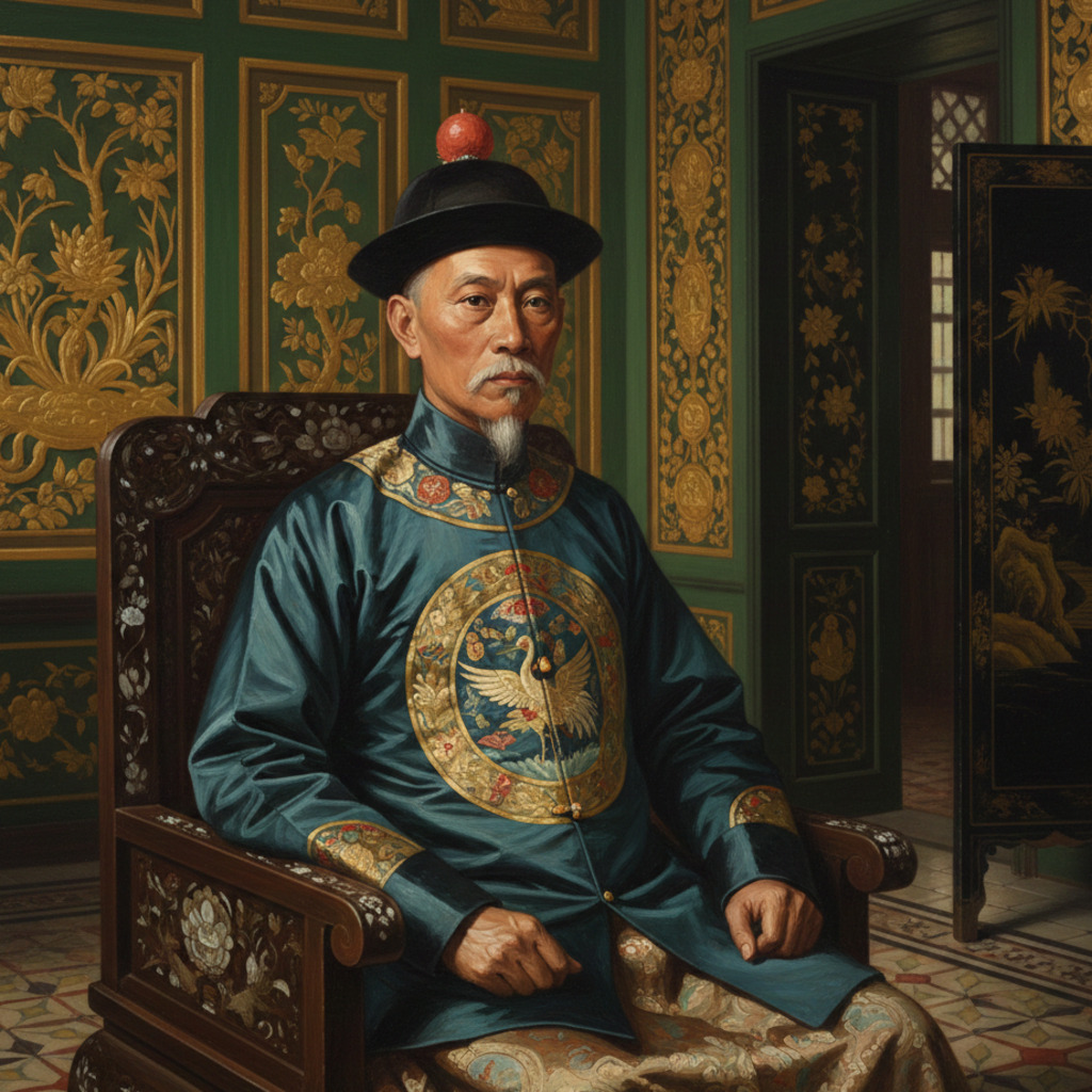 Portrait of a man in traditional Peranakan attire at Pinang Peranakan Mansion.