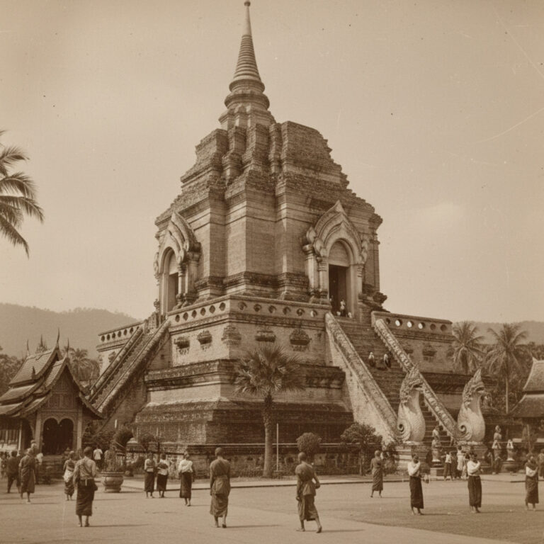 Ancient Wat Chedi Luang temple in Chiang Mai. Chiang Mai heritage site with monks and tourists.