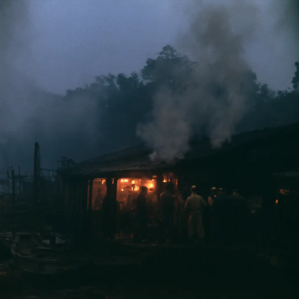 People gather in a dimly lit teahouse, smoke rising, evoking the history of dim sum.