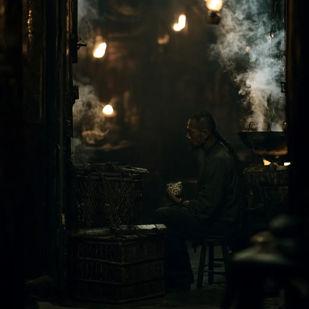 Man in a traditional Chinese setting, reflecting the history of dim sum.