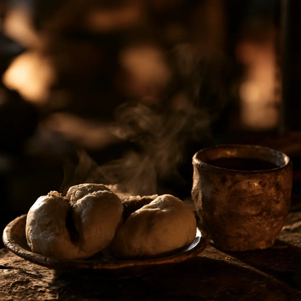 Steaming dim sum buns and tea in a rustic setting, hinting at the history of dim sum.
