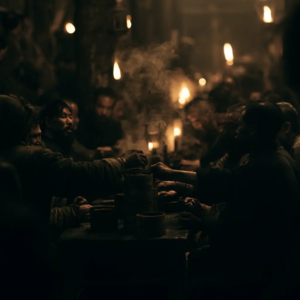 Dim sum history: people gathered around a table in a dimly lit teahouse.