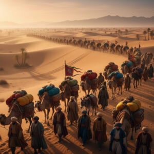 Desert caravan with camels and people, reminiscent of Silk Road traders.