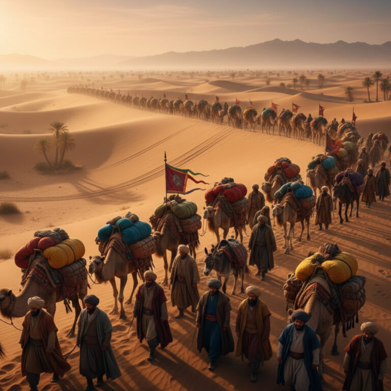 Desert caravan with camels and people, reminiscent of Silk Road traders.