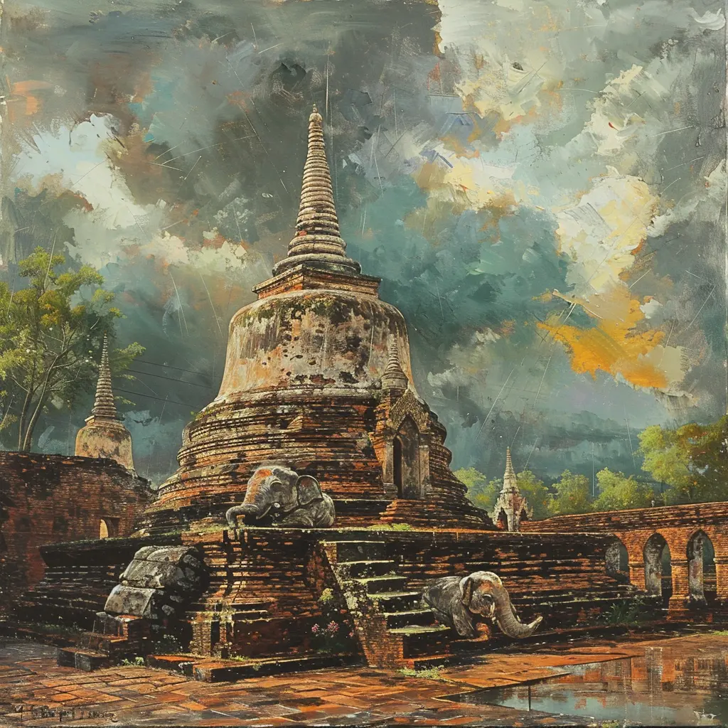 Chiang Mai heritage: Ancient Lanna temple ruins with elephants and stormy sky.