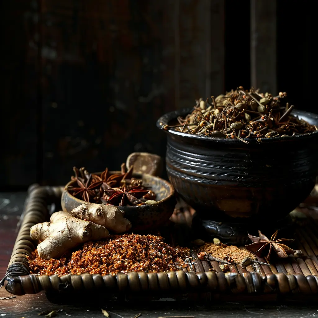 Spices for Lanna heritage, including ginger, star anise, and cinnamon.