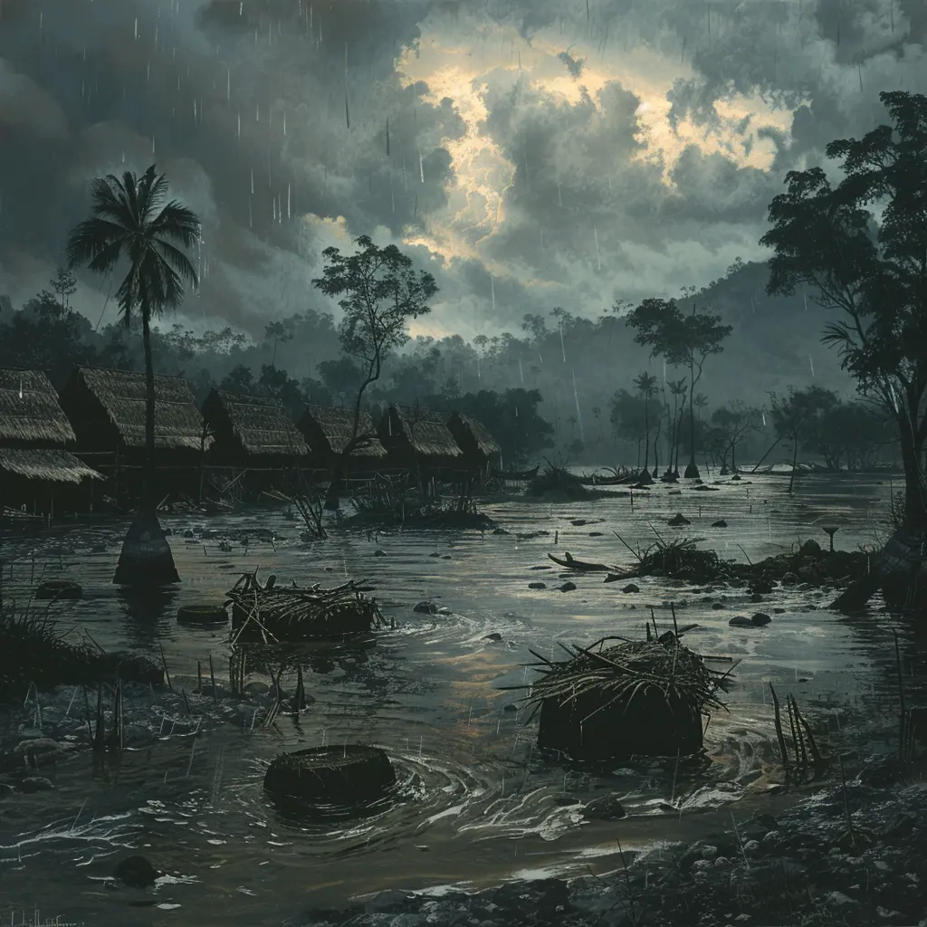 Flooded Lanna village with thatched huts during a rainstorm, chiang mai heritage