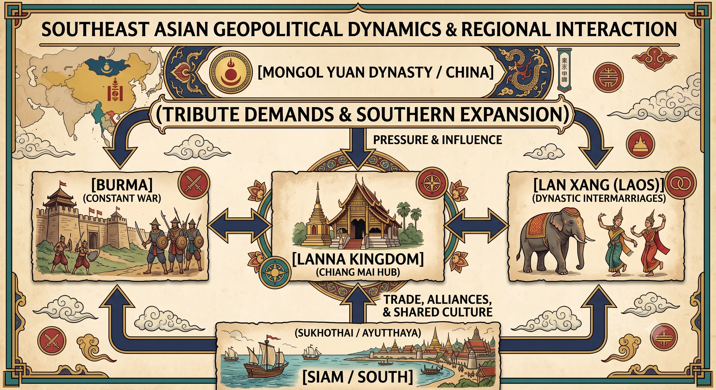 Southeast Asian geopolitical map: Lanna Kingdom, Chiang Mai heritage, Yuan Dynasty.