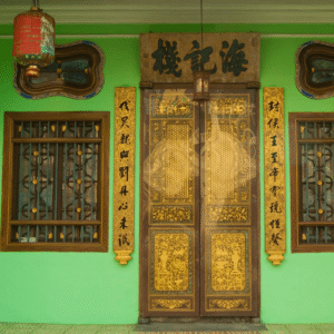 Ornate green facade of Pinang Peranakan Mansion with carved doors and windows. Text: 棧記海, 封侯王至帝寶玩任替, 代只就與劉丹心未泯.
