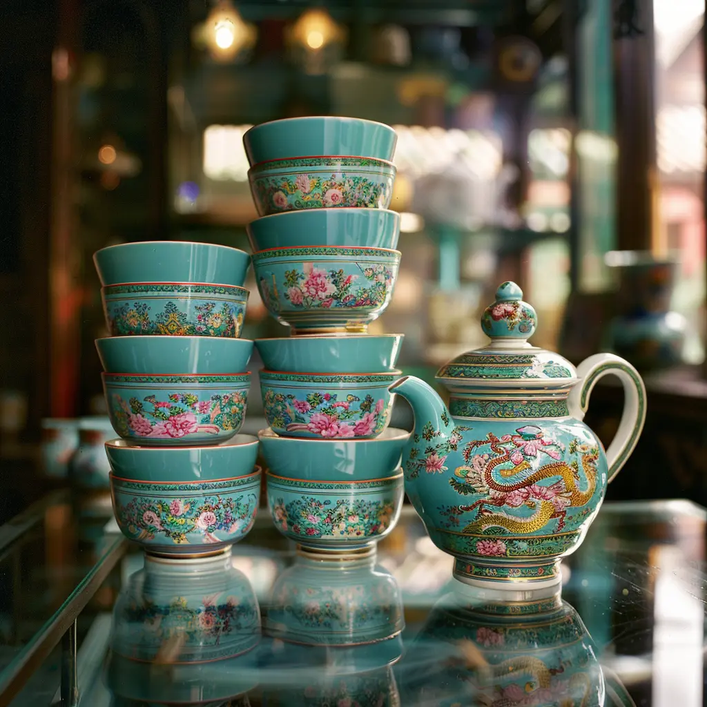 Peranakan teacups and teapot with dragon motif at Pinang Peranakan Mansion