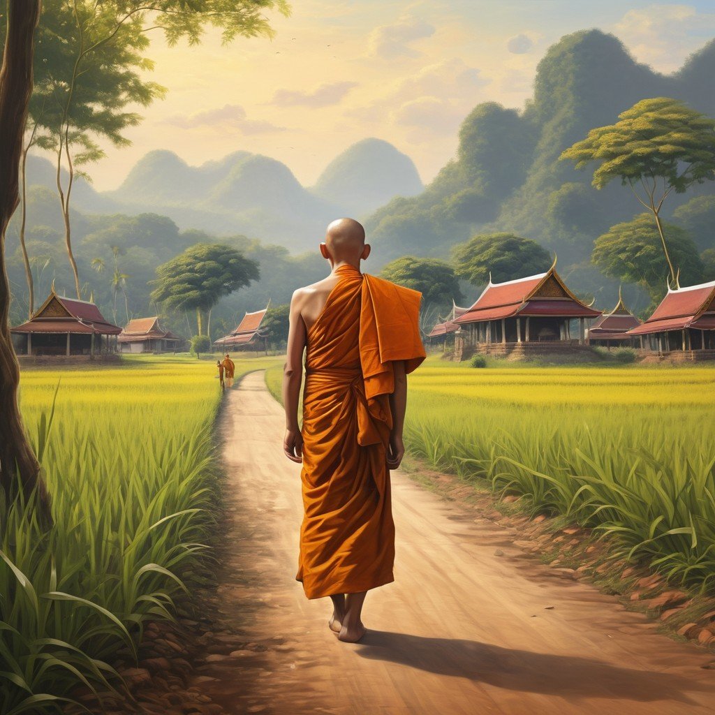 Thai Monk Walking Through The Countryside