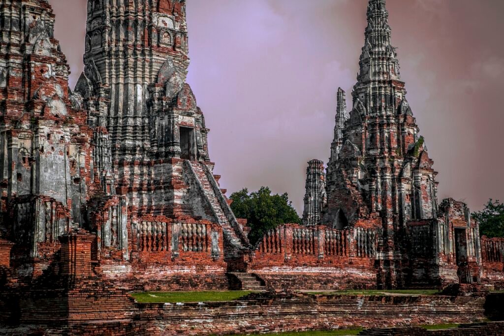 Temple Ruins At Ayutthaya Heritage Park At Dusk