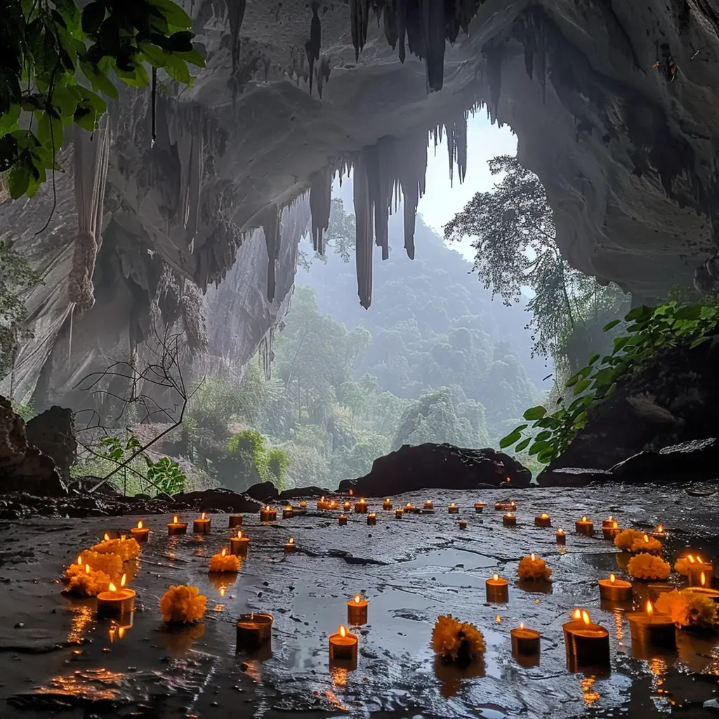 Doi Nang Non cave entrance with candles and flowers overlooking a misty forest