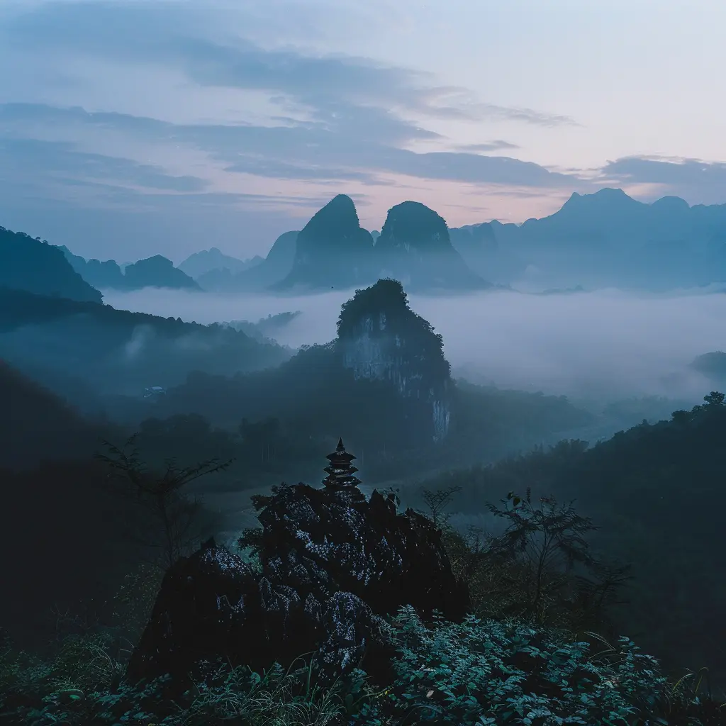 Misty Doi Nang Non landscape with a pagoda on a rocky outcrop.