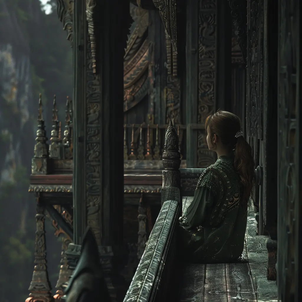 Woman in green overlooking misty Doi Nang Non mountains, ancient temple detail