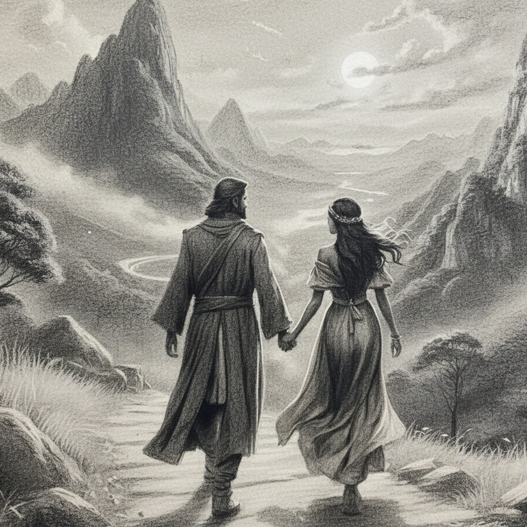 Princess And Woodsman Holding Hands As They Elope