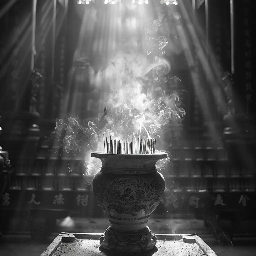 Incense sticks burning in a pot at Leong San Tong Khoo Kongsi