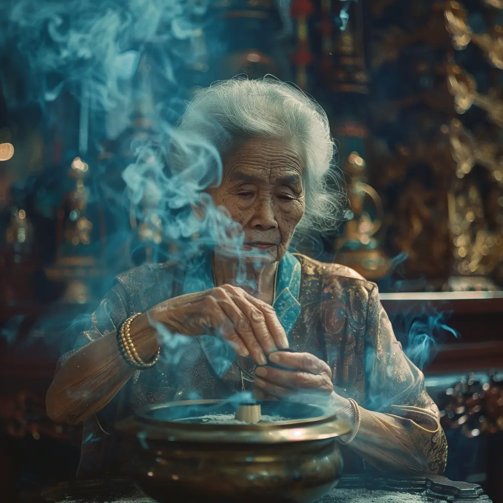 Elderly woman tending to incense at Leong San Tong Khoo Kongsi.