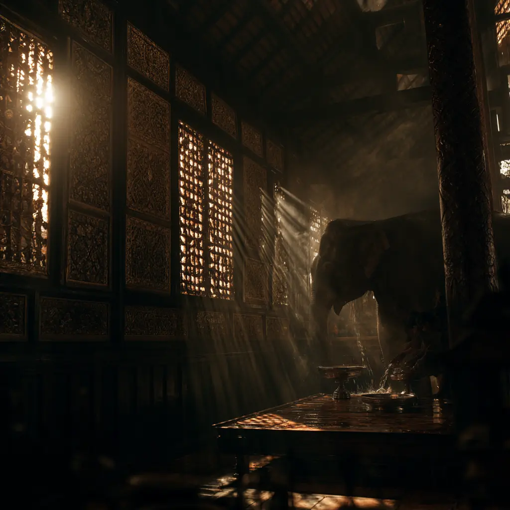 Elephant in a dark room with light shafts, history of elephants in Thailand