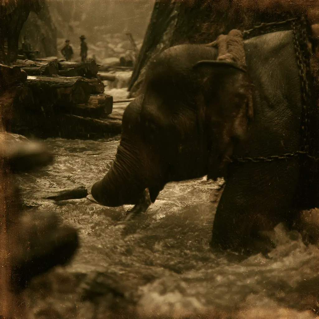 Elephant wading in river, historical scene from Thailand, history of elephants in Thailand.