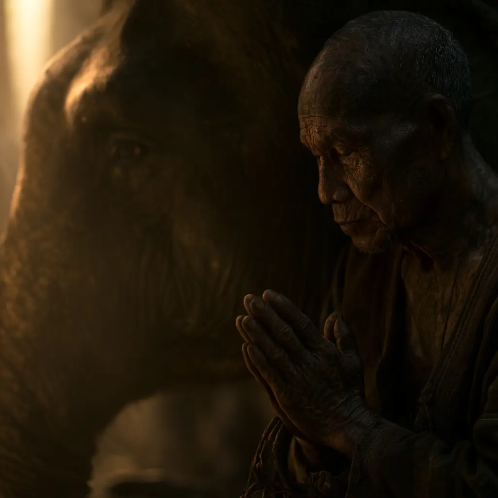 Elderly man praying beside a Siamese elephant, history of elephants in Thailand