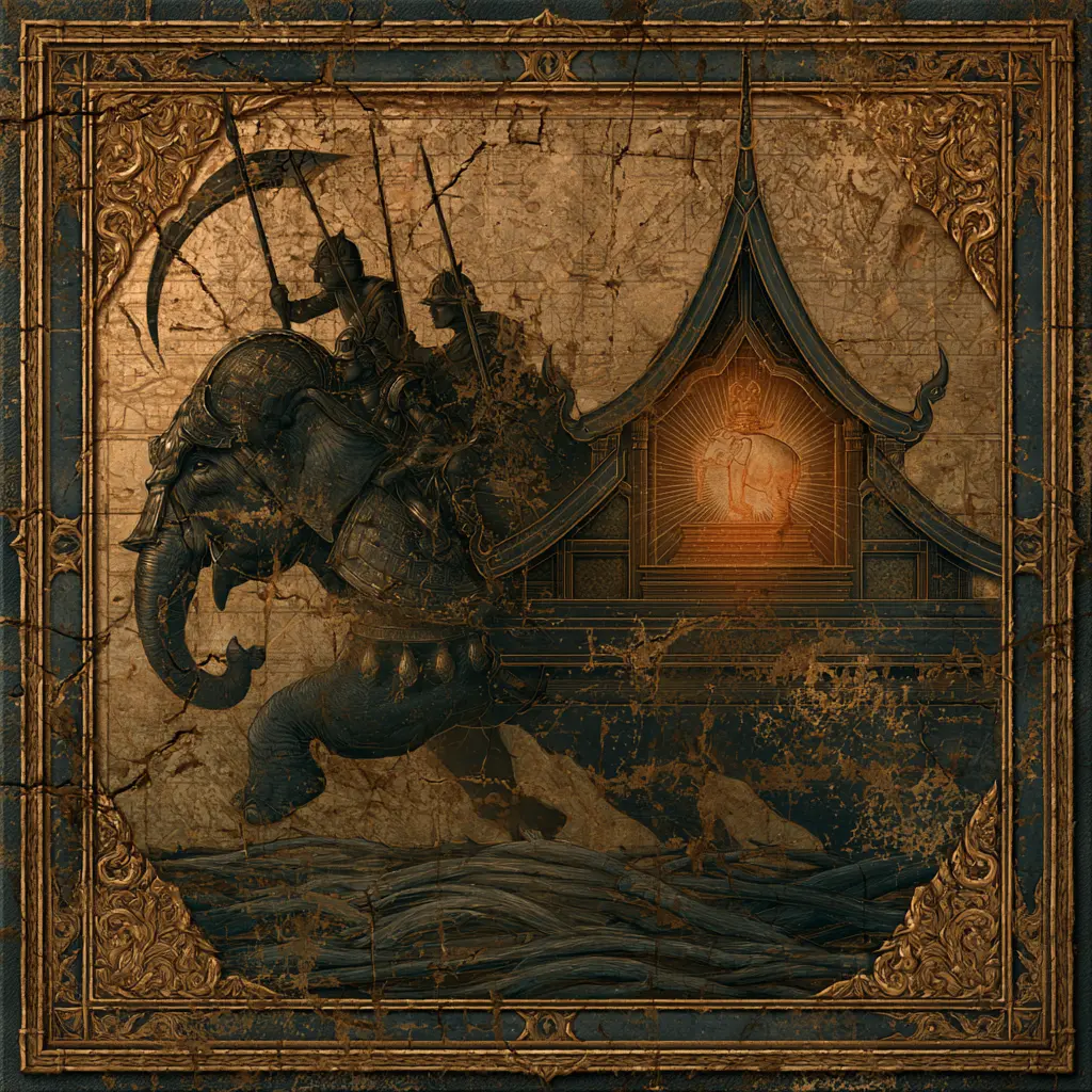 An ancient Siamese elephant carrying a shrine and warriors, reflecting the history of elephants in Thailand.