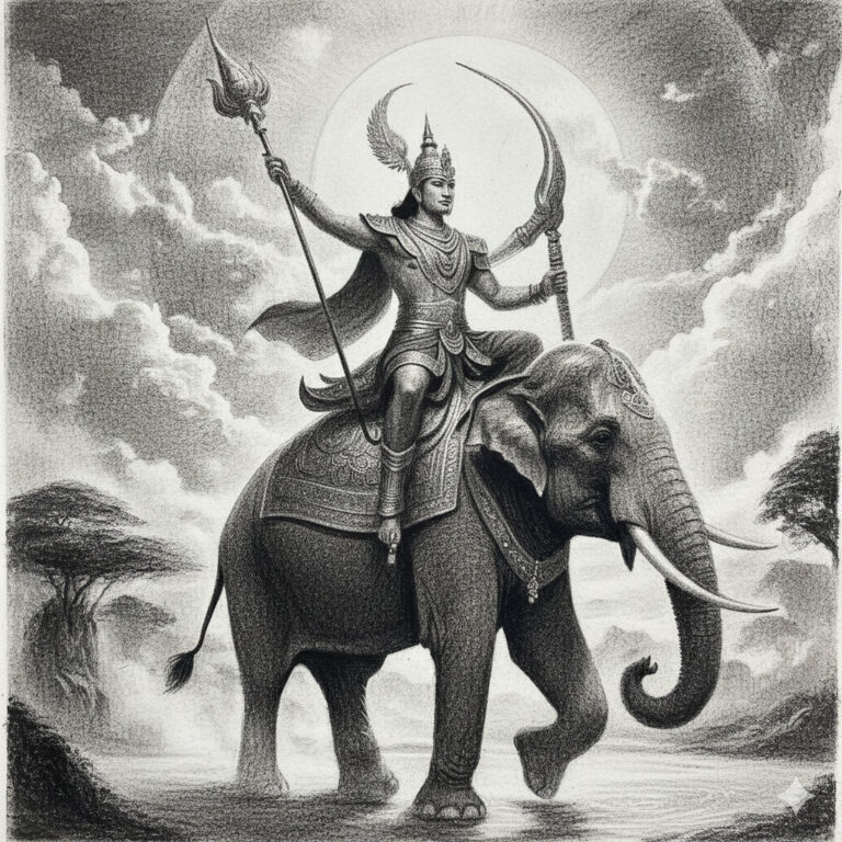 Ancient Thai warrior riding an elephant, holding a spear and curved sword. History of Elephants in Thailand.