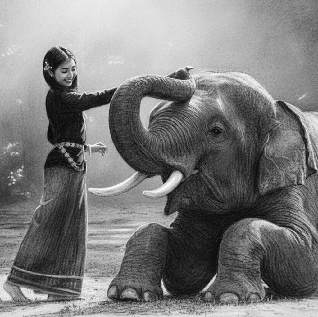 Elephant Laying Down Being Stroked By Young Woman