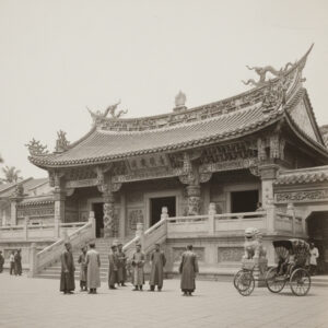 Leong San Tong Khoo Kongsi temple facade with ornate roof and men in traditional clothing.