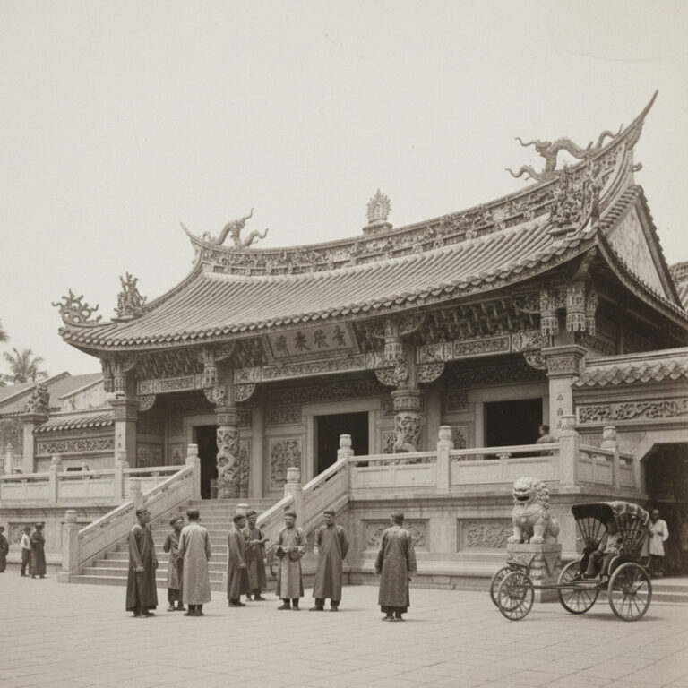 Leong San Tong Khoo Kongsi temple facade with ornate roof and men in traditional clothing.