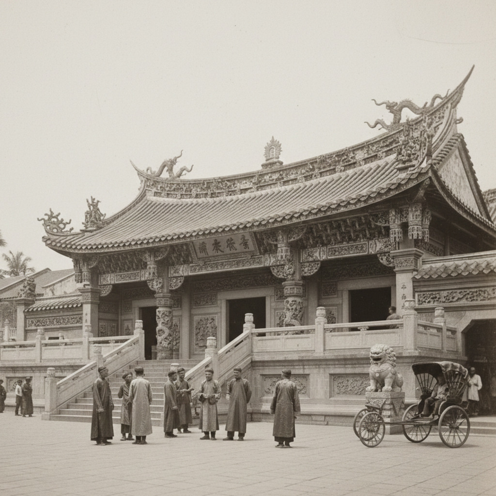 Leong San Tong Khoo Kongsi temple facade with ornate roof and men in traditional clothing.