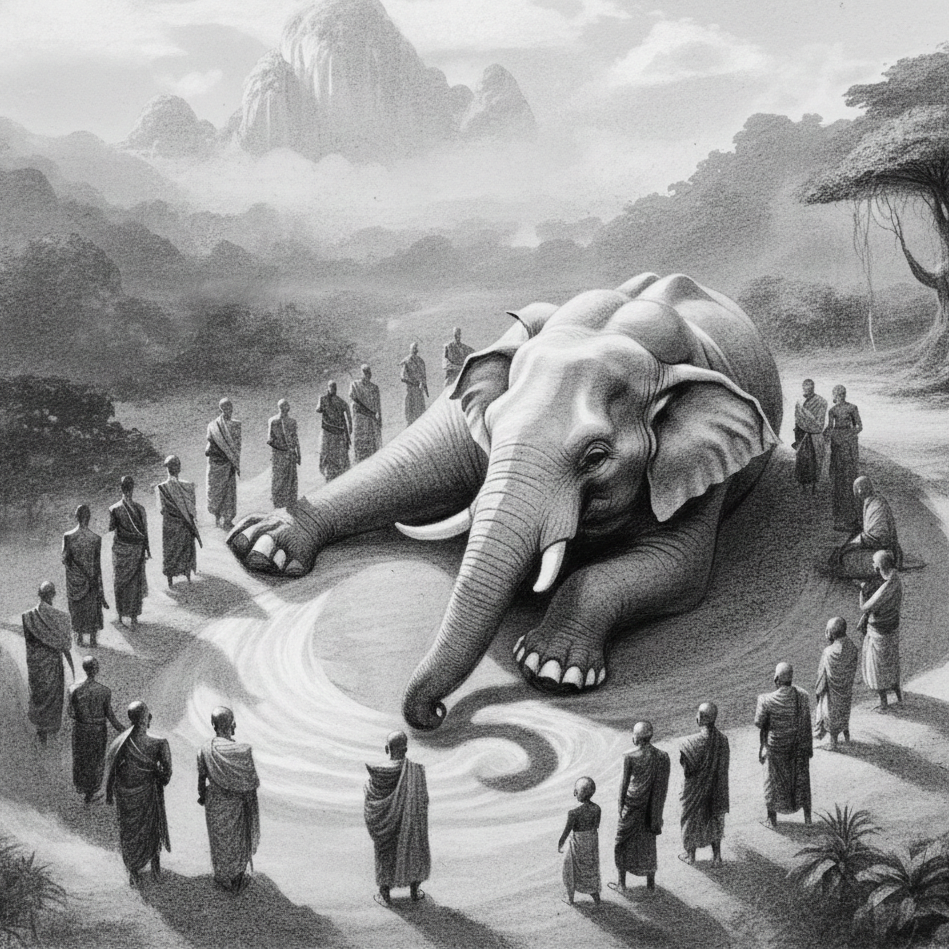 Collapsed White Elephant Surrounded By Monks